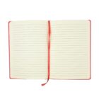 An open notebook with lined pages, featuring a red cover and a red ribbon bookmark positioned in the center. The pages are blank, ready for writing. The background is plain white.