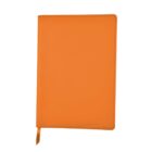 An orange hardcover notebook with a smooth finish, shown closed. It has a matching orange ribbon bookmark visible at the bottom.