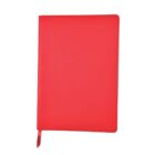 A closed red notebook with a smooth cover. It features a red ribbon bookmark hanging from the bottom. The notebook appears simple and elegant against a plain white background.