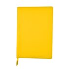 A closed, bright yellow hardcover notebook with rounded corners. A matching yellow ribbon bookmark is visible, emerging from the bottom. The background is white.