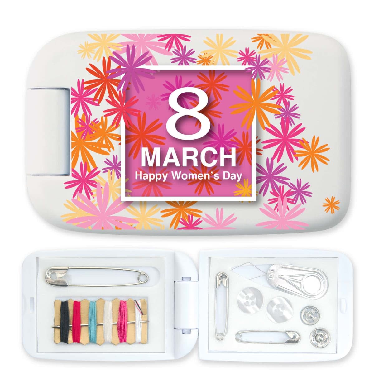 A compact white sewing kit decorated with colorful flowers and the text 8 March Happy Womens Day on the lid. The open kit reveals neatly arranged threads, needles, buttons, and other sewing tools.