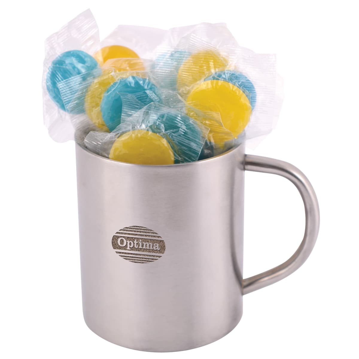 A stainless steel mug labeled Optima contains individually wrapped yellow and blue candies.