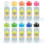 Eleven transparent water bottles with colorful lids (white, yellow, orange, red, green, blue, black) are displayed in two rows. Each bottle features a design with a tree and the text Pre-Earthlife.