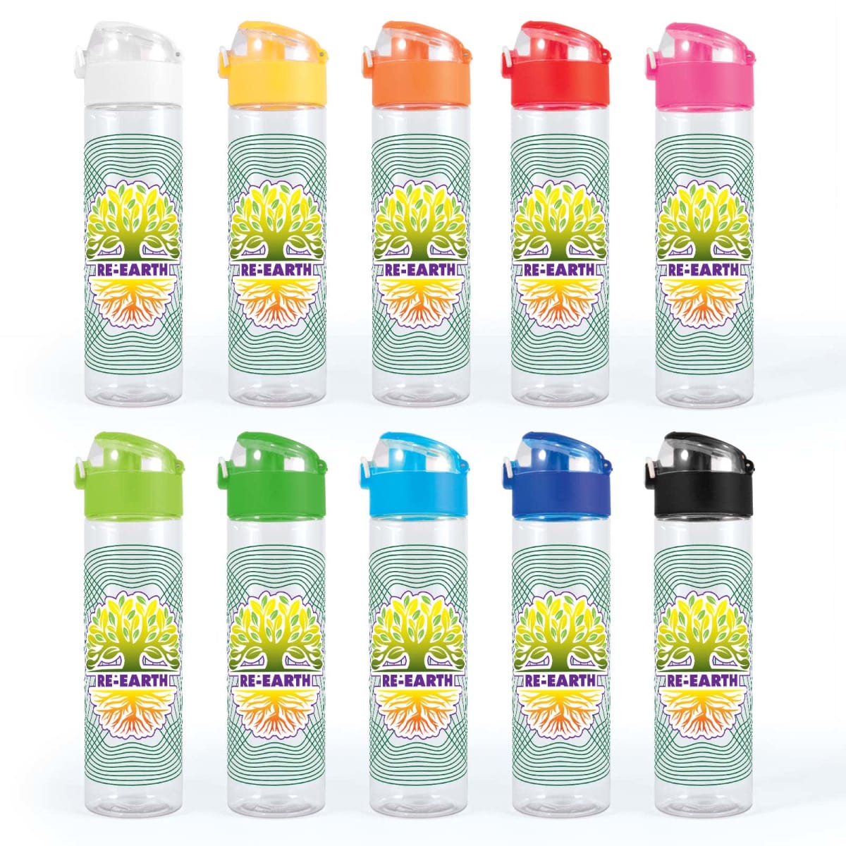 Eleven transparent water bottles with colorful lids (white, yellow, orange, red, green, blue, black) are displayed in two rows. Each bottle features a design with a tree and the text Pre-Earthlife.
