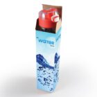 Tall cardboard package labeled The Water Factory with blue water splash imagery. The open top reveals a water bottle with a red cap and white latch.