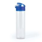 Transparent plastic water bottle with a blue flip-top lid, shown against a white background.