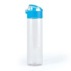 Transparent water bottle with a blue flip-top lid, standing upright on a white background. The bottle is empty and features a cylindrical shape.