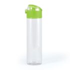 A clear plastic water bottle with a green flip-top lid. The bottle is empty and standing upright on a plain white background.