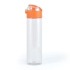 A transparent water bottle with an orange flip-top lid on a white background. The bottle is cylindrical and has a smooth surface.