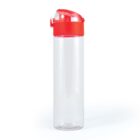 A clear plastic water bottle with a red flip-top lid is shown. The bottle is empty and stands upright on a plain white background.