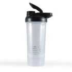 Clear plastic shaker bottle with a black flip-top lid and a visible metal mixing ball inside. The bottle is standing upright on a white background.