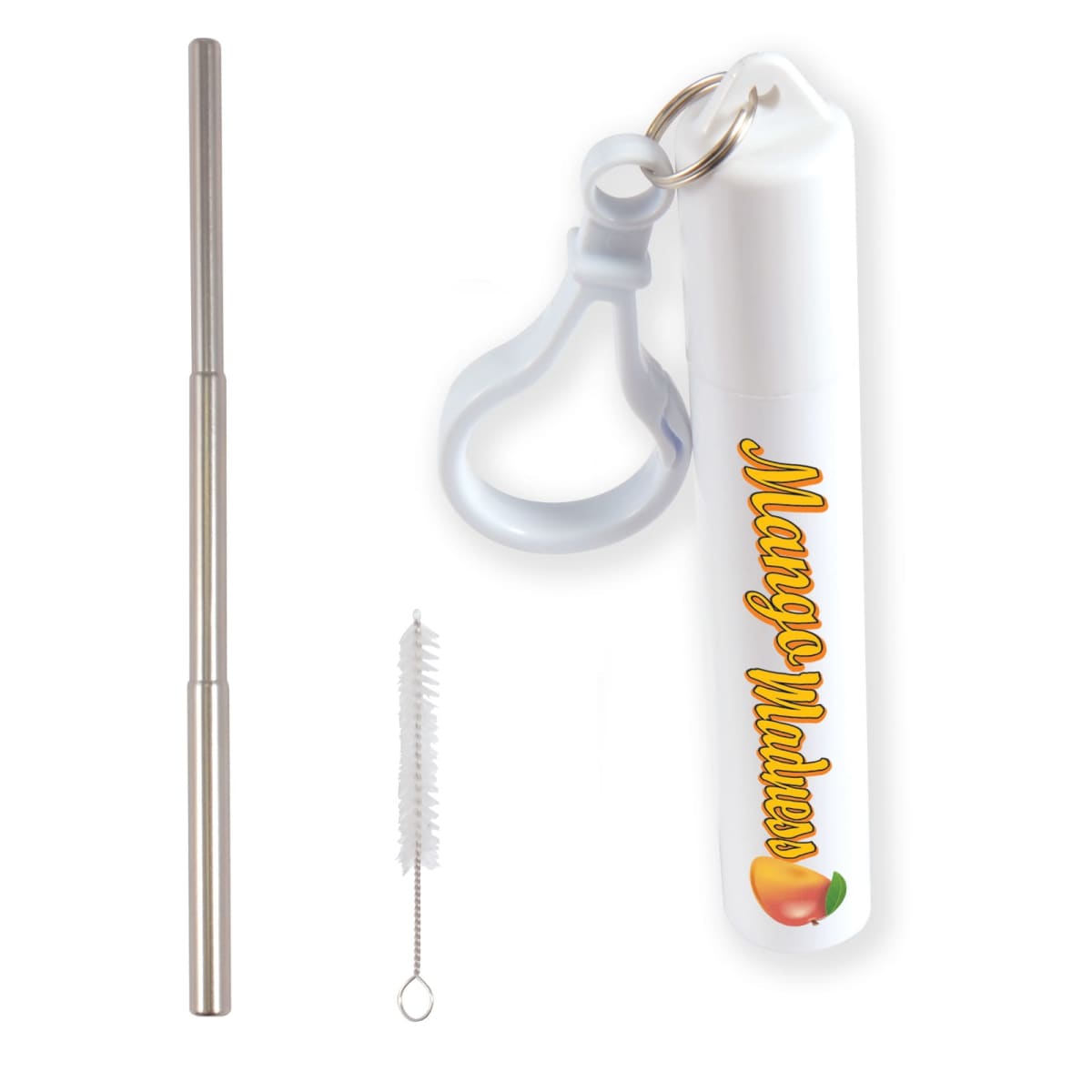 Collapsible metal straw set with a cleaning brush and a white carrying case featuring the text Mango Mama and a peach graphic. The case has a keychain attachment.