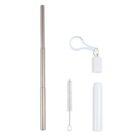 A collapsible metal straw with its components arranged separately: the straw, a white cleaning brush, a white carrying case, and a white cap with an attached keyring.