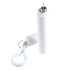 A portable white keychain pill holder with a removable cap, metal ring, and a clip for easy attachment. The container is open, displaying its storage feature, suitable for transporting small items or medication.