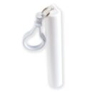 A white, cylindrical chapstick tube with a small loop attached to the cap, connected to a keyring. The loop is designed for easy attachment to bags or keychains. The overall design is simple and compact.
