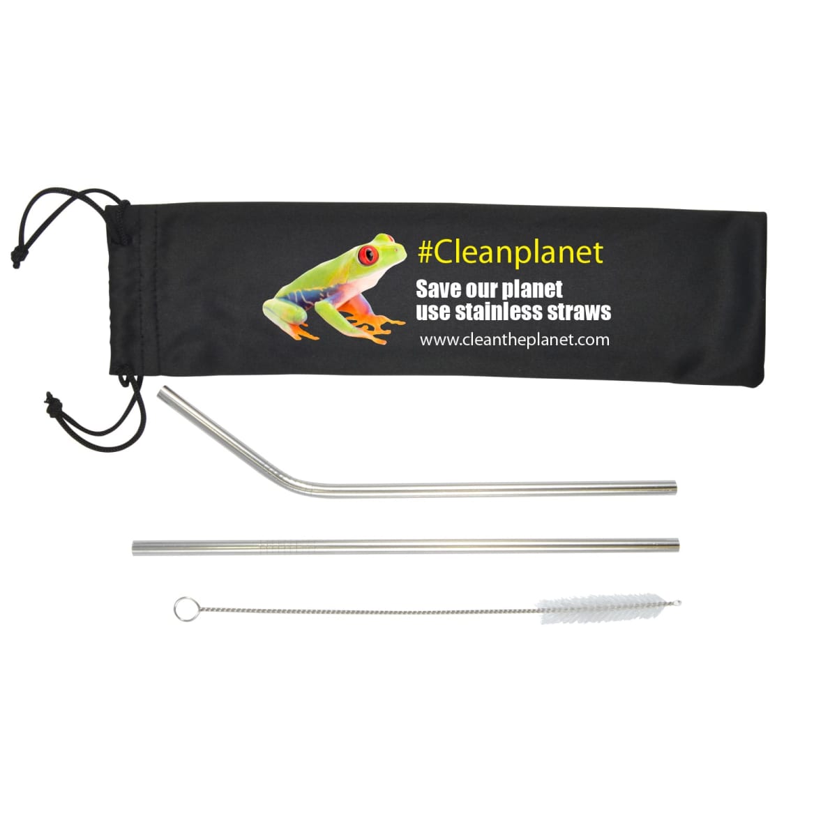 A reusable stainless steel straw set includes a bent straw, a straight straw, and a cleaning brush, accompanied by a black drawstring pouch featuring a frog image and the text #Cleanplanet Save our planet use stainless straws www.cleanthplanet.com.