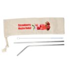 Set includes a beige pouch with Strawberry Mojito Baby! and images of a drink and strawberries, two metal straws (one straight, one bent), and two cleaning brushes. The pouch has a drawstring closure.
