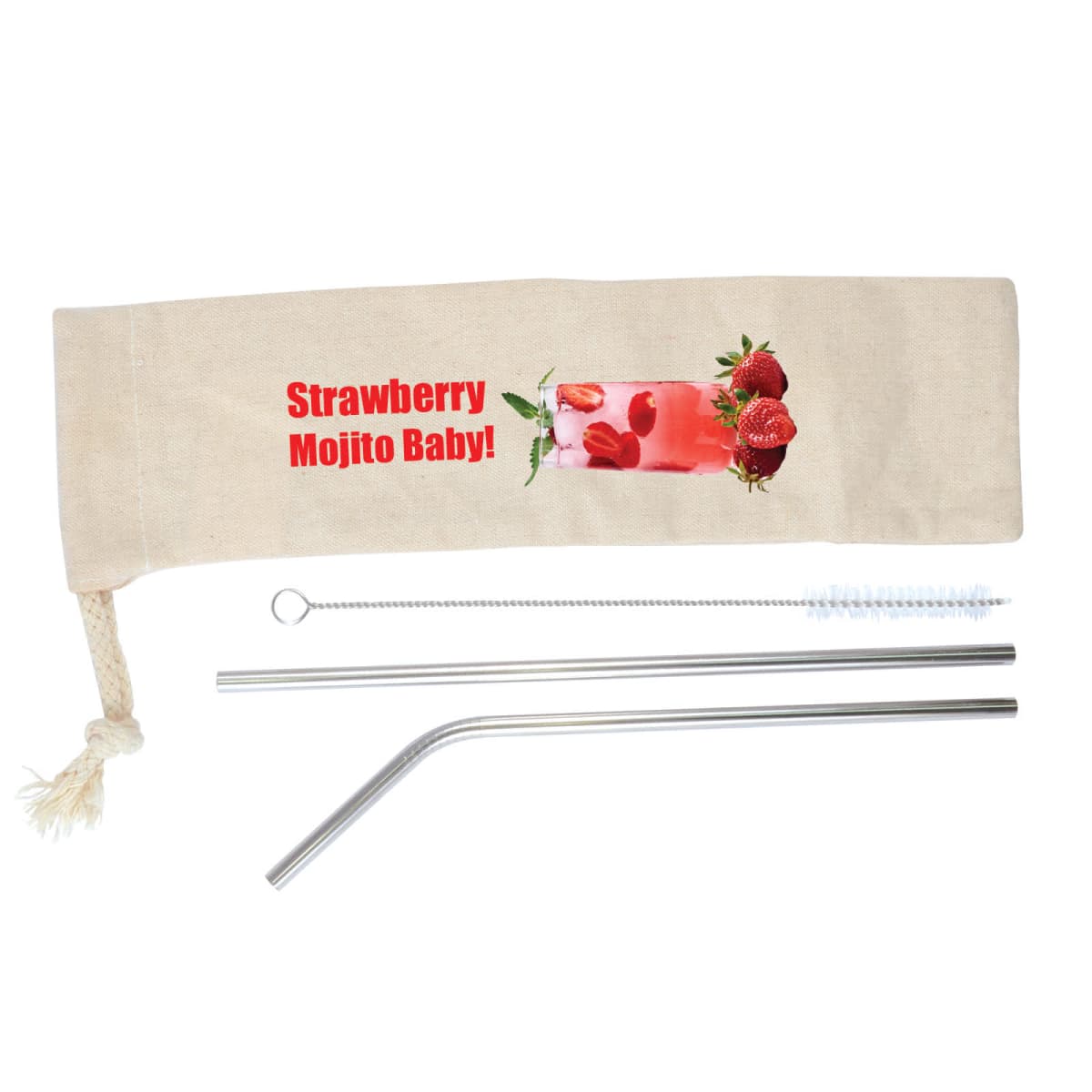 Set includes a beige pouch with Strawberry Mojito Baby! and images of a drink and strawberries, two metal straws (one straight, one bent), and two cleaning brushes. The pouch has a drawstring closure.