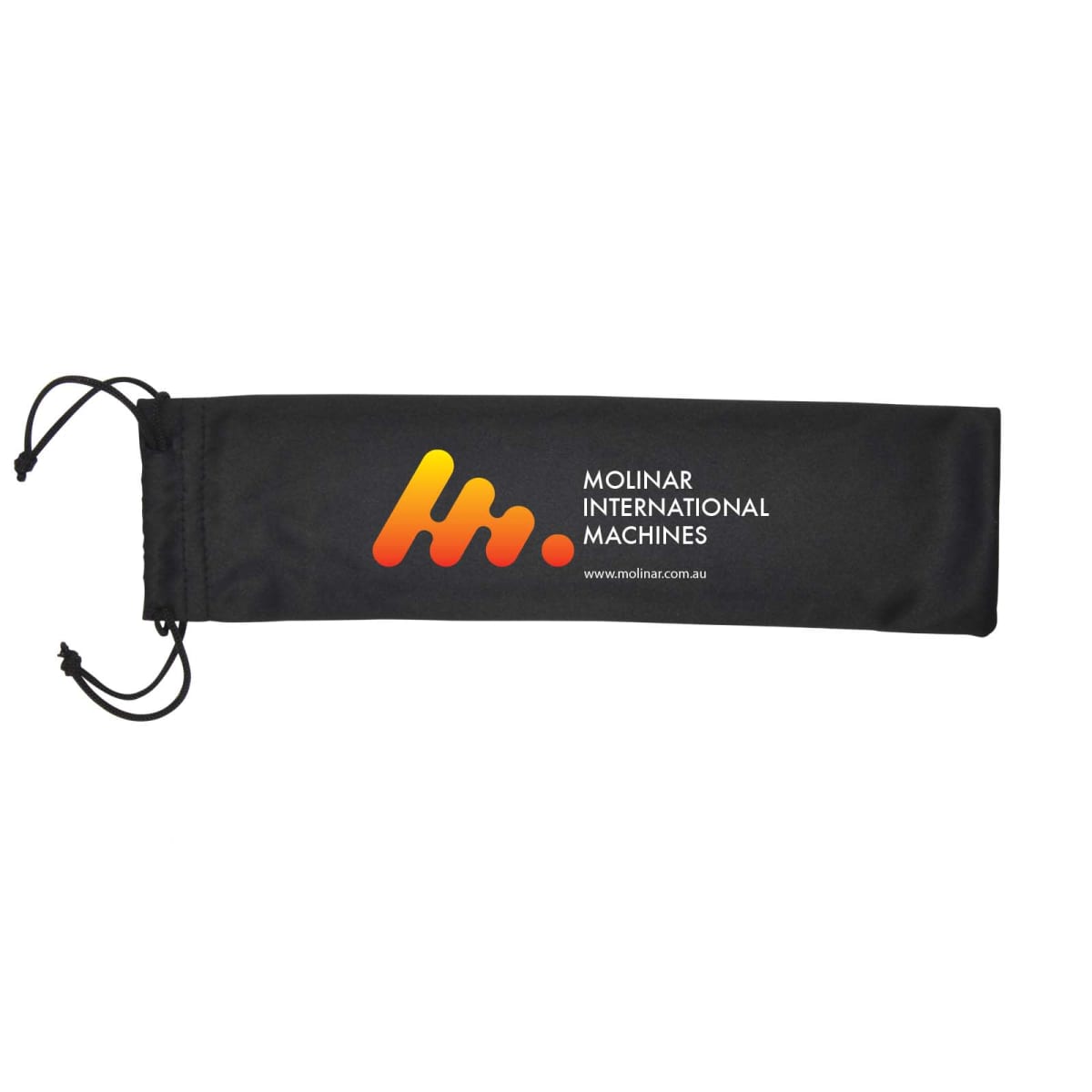 A black drawstring bag with a vibrant orange and yellow abstract logo, accompanied by the text Molinar International Machines and a website URL beneath it. The bag is set against a white background.