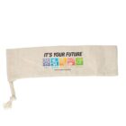 A beige pencil case with a drawstring features the text ITS YOUR FUTURE above icons representing Science, Technology, English, Arts, and Mathematics. The website address www.studyintva.gov.au is printed below.