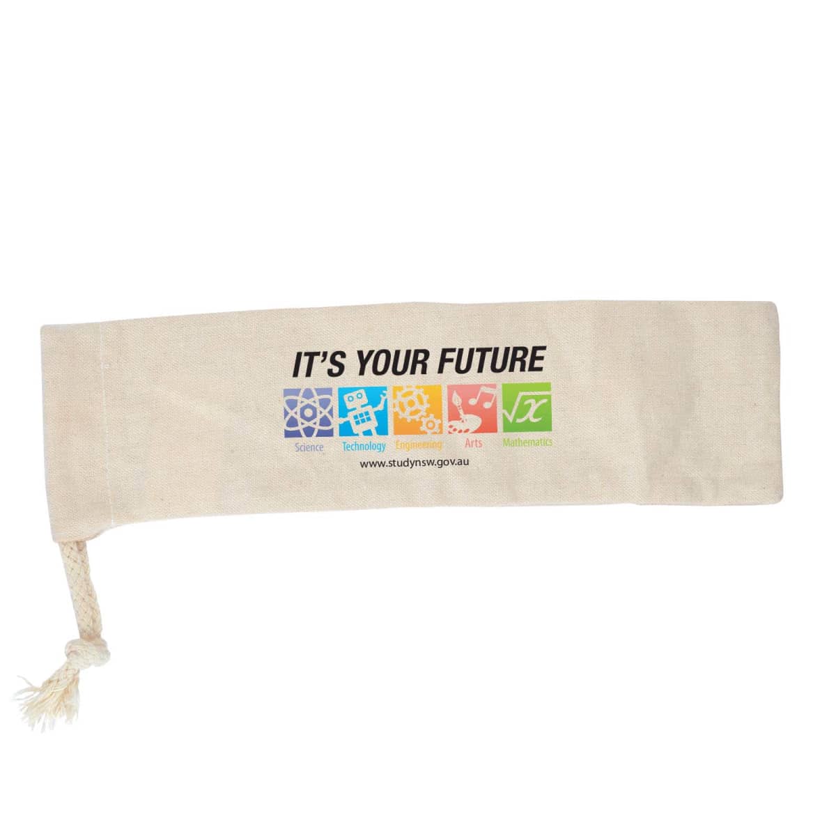 A beige pencil case with a drawstring features the text ITS YOUR FUTURE above icons representing Science, Technology, English, Arts, and Mathematics. The website address www.studyintva.gov.au is printed below.