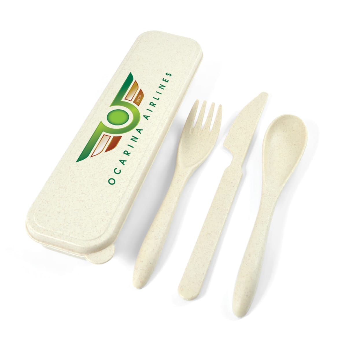 A reusable cutlery set featuring a fork, knife, and spoon made of cream-colored material, placed next to a rectangular case labeled Ocarina Airlines with a green and brown logo.