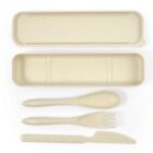 A beige reusable utensil set with a knife, fork, and spoon displayed alongside an open rectangular carrying case. The utensils and case appear to be made from biodegradable or eco-friendly material.