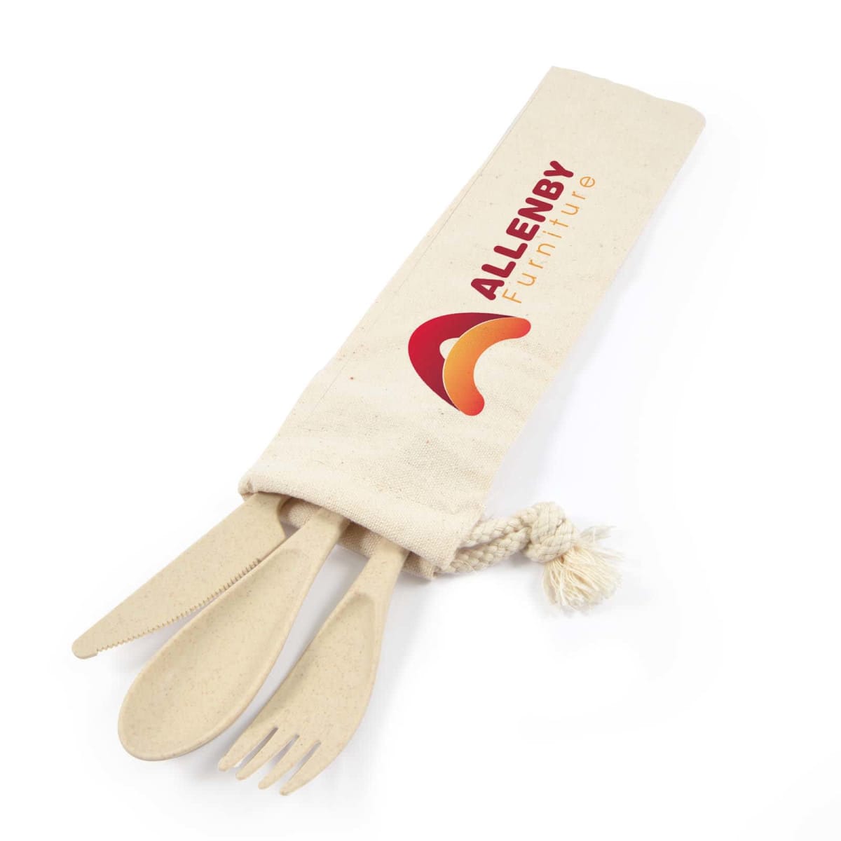 A set of beige biodegradable cutlery, including a spoon, fork, and knife, partly visible inside a branded cloth pouch labeled ALLENBY Furniture. The pouch is cream-colored with a drawstring closure.