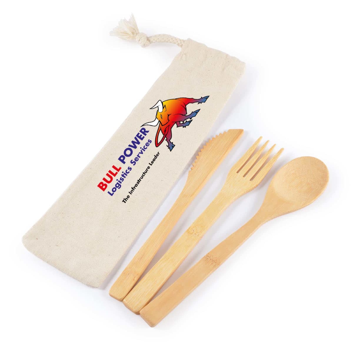 A bamboo cutlery set including a knife, fork, and spoon is placed beside a canvas pouch with a logo featuring a bull and the text Bull Power Logistic Service.