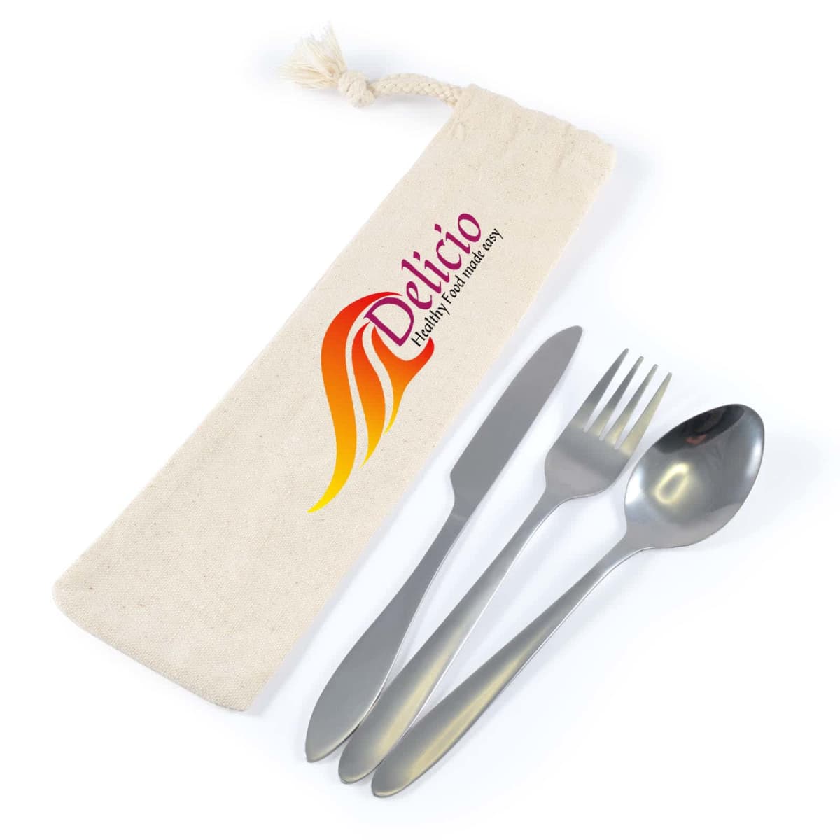 Fabric pouch with a colorful logo reading Delicio and the tagline Nothing is a hassle away beside a set of silver cutlery: a knife, fork, and spoon.
