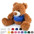 A fluffy brown teddy bear wearing a blue shirt sits facing slightly to the left. Below, there are color options for the bears shirt, including white, red, royal blue, navy, yellow, orange, pink, lilac, purple, aqua, dark green, and grey.