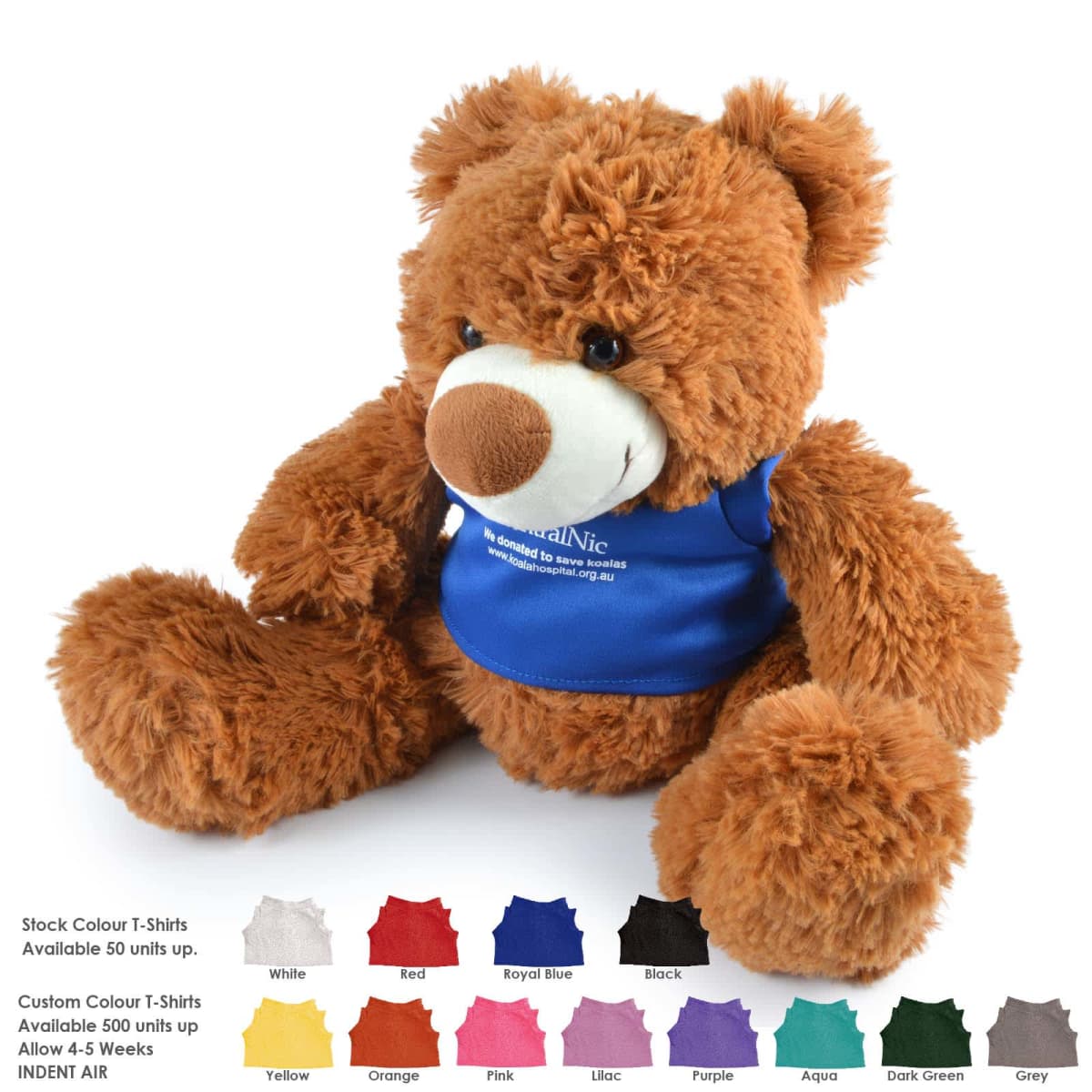 A fluffy brown teddy bear wearing a blue shirt sits facing slightly to the left. Below, there are color options for the bears shirt, including white, red, royal blue, navy, yellow, orange, pink, lilac, purple, aqua, dark green, and grey.