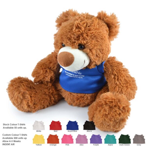A brown teddy bear wearing a blue T-shirt sits against a white background. Below it, colorful T-shirt swatches are labeled: White, Red, Royal Blue, Black, Yellow, Orange, Pink, Lilac, Purple, Aqua, Dark Green, and Grey.