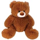A plush, brown teddy bear with soft fur sits upright, facing forward. It has large, round eyes, a dark brown nose, and a small smile, exuding a warm and cuddly appearance.