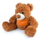 A fluffy brown teddy bear with an orange face and a beige snout wears an orange vest. It is seated against a white background.
