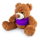 A fluffy brown teddy bear with a white snout and black eyes is wearing a purple shirt. The bear is sitting with its legs outstretched on a white background.
