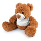 A fluffy brown teddy bear sitting upright, with large plush limbs and a soft white snout and belly. It has black eyes and a dark brown nose, giving it a charming and cuddly appearance.