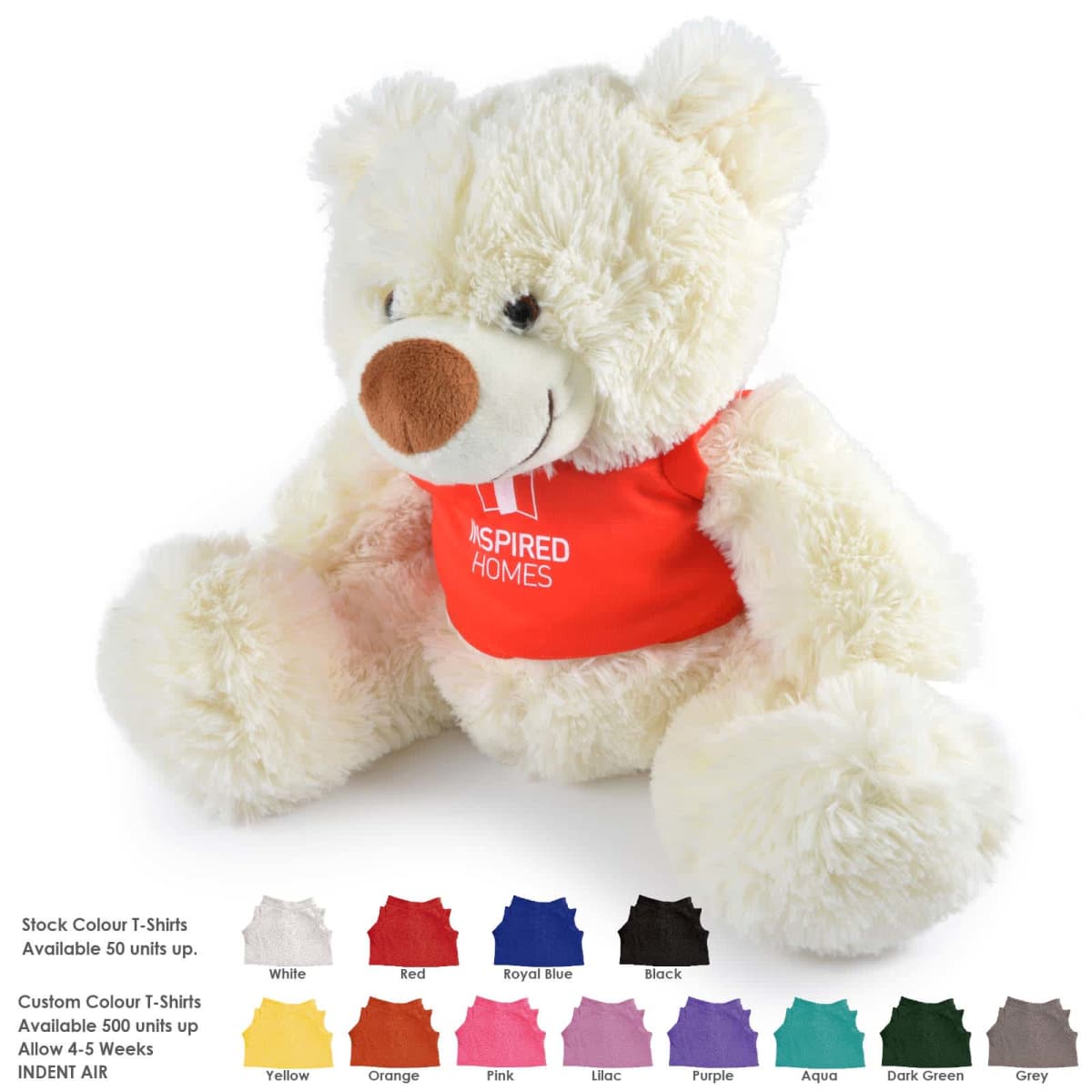 A fluffy white teddy bear wearing a red T-shirt with the text Inspired Homes. The image also shows options for custom T-shirt colors, including white, yellow, orange, pink, lilac, purple, aqua, dark green, grey, red, royal blue, and black.