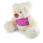 A fluffy white teddy bear with a brown nose is sitting and wearing a bright pink vest. Its large, soft paws are visible, and it has a friendly expression. The background is plain white.