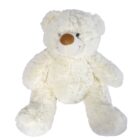 A fluffy, cream-colored teddy bear with a smiling face, featuring a brown nose and embroidered eyes. The bear is sitting upright with its legs stretched out, and its soft, textured fur gives it a cuddly appearance.