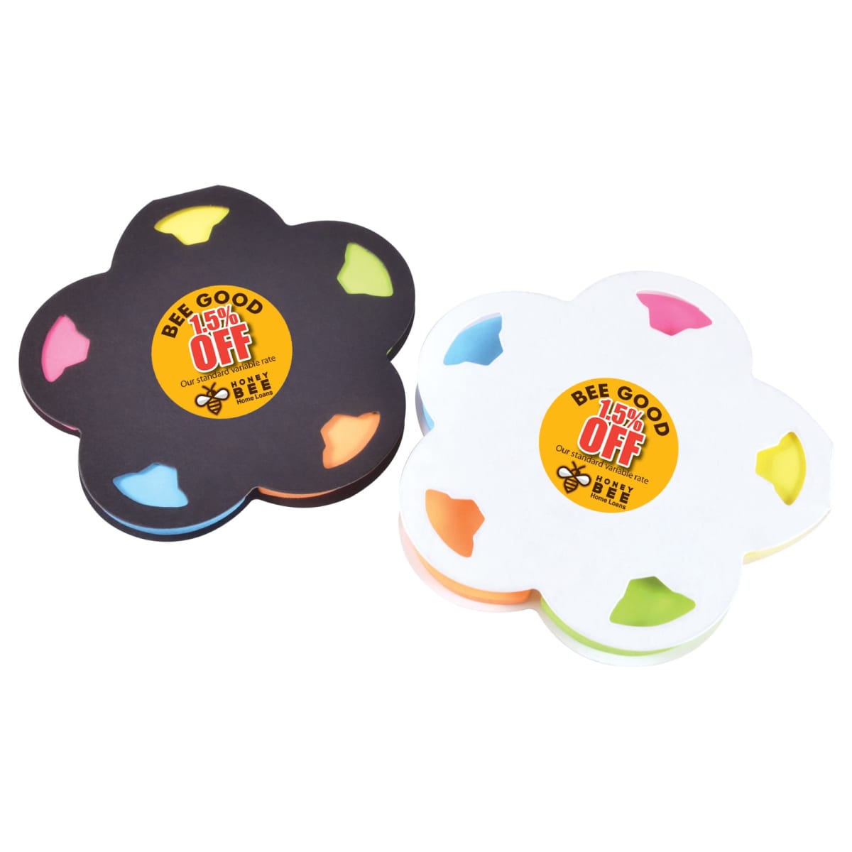Two flower-shaped notepads with sticky notes. The left notepad is black with colorful petal-shaped notes, and the right notepad is white with similar notes. Both have a yellow circular sticker advertising a 15% discount.