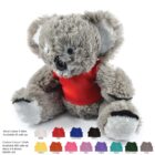 A plush koala wearing a red T-shirt is displayed. Below it are various color swatches for custom T-shirts, including white, red, royal blue, black, yellow, orange, pink, lilac, purple, aqua, dark green, and grey.