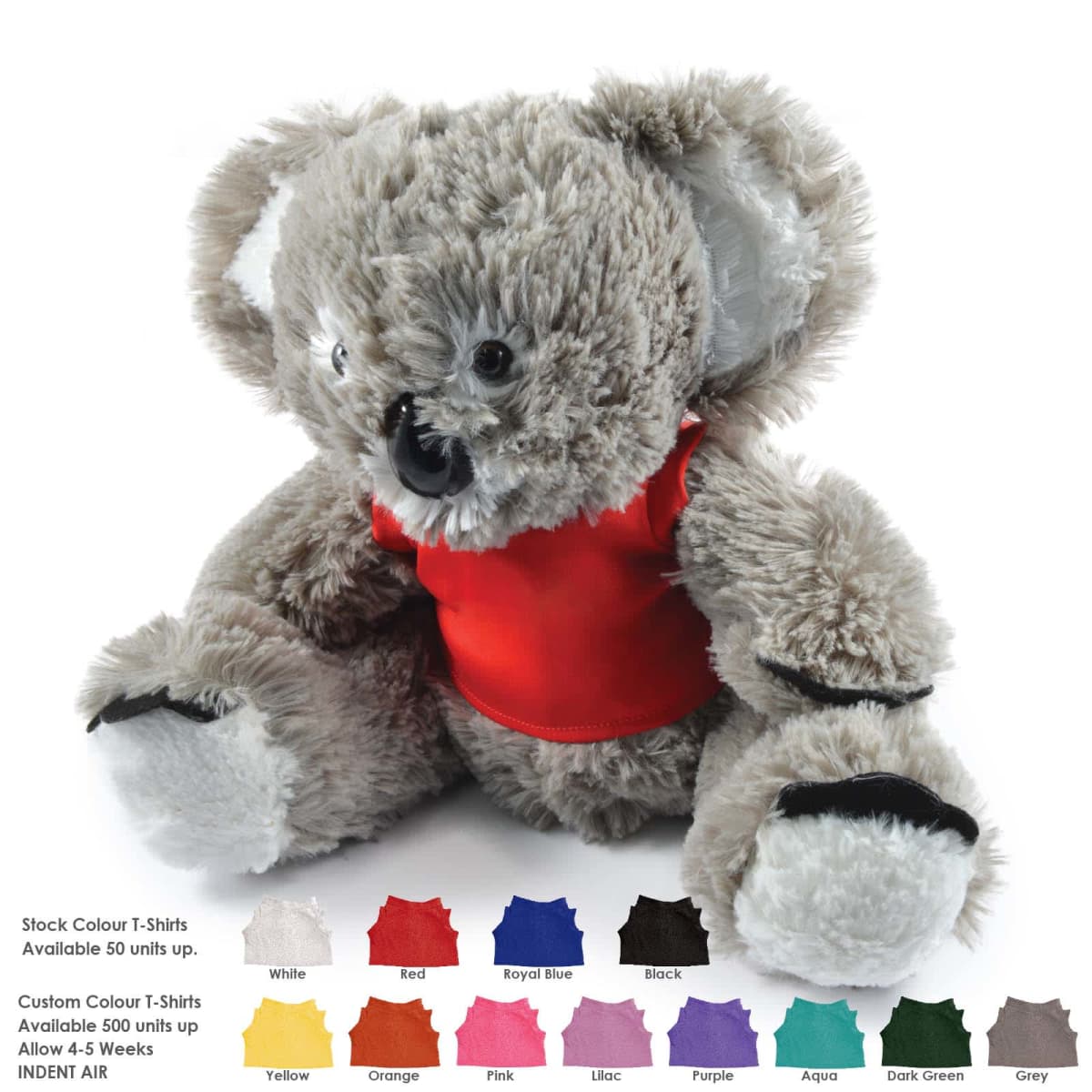 A plush koala wearing a red T-shirt is displayed. Below it are various color swatches for custom T-shirts, including white, red, royal blue, black, yellow, orange, pink, lilac, purple, aqua, dark green, and grey.
