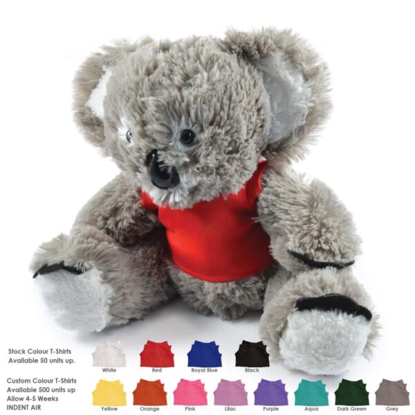 A plush gray koala wearing a red t-shirt is sitting. In front, there are small fabric swatches in various colors, including white, red, blue, black, yellow, orange, pink, lilac, purple, aqua, dark green, and grey, for customizing t-shirts.