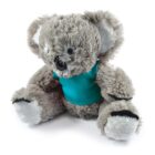A plush koala toy with gray fur and large fluffy ears is wearing a turquoise shirt. It sits with its legs spread apart and has a friendly expression.