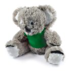 A fluffy gray koala plush toy wearing a bright green shirt sits upright. The toy has large, round ears, a dark nose, and black paw accents, giving it a cute and cuddly appearance.