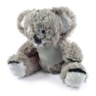 A plush toy koala with light gray fur, large round ears, and a black nose, sitting upright. It is wearing a gray vest. The koala has white accents on its feet and ears, and black detailing on its paws.