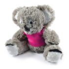 A plush koala toy with fluffy gray fur and a white belly, wearing a bright pink shirt. It has large round ears, a black nose, and is seated upright.