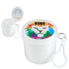 Clear plastic container with a colorful geometric lion design and the text King Data on the lid. It comes with a clip for attachment and contains a folded item inside. Another smaller container is shown in the background.