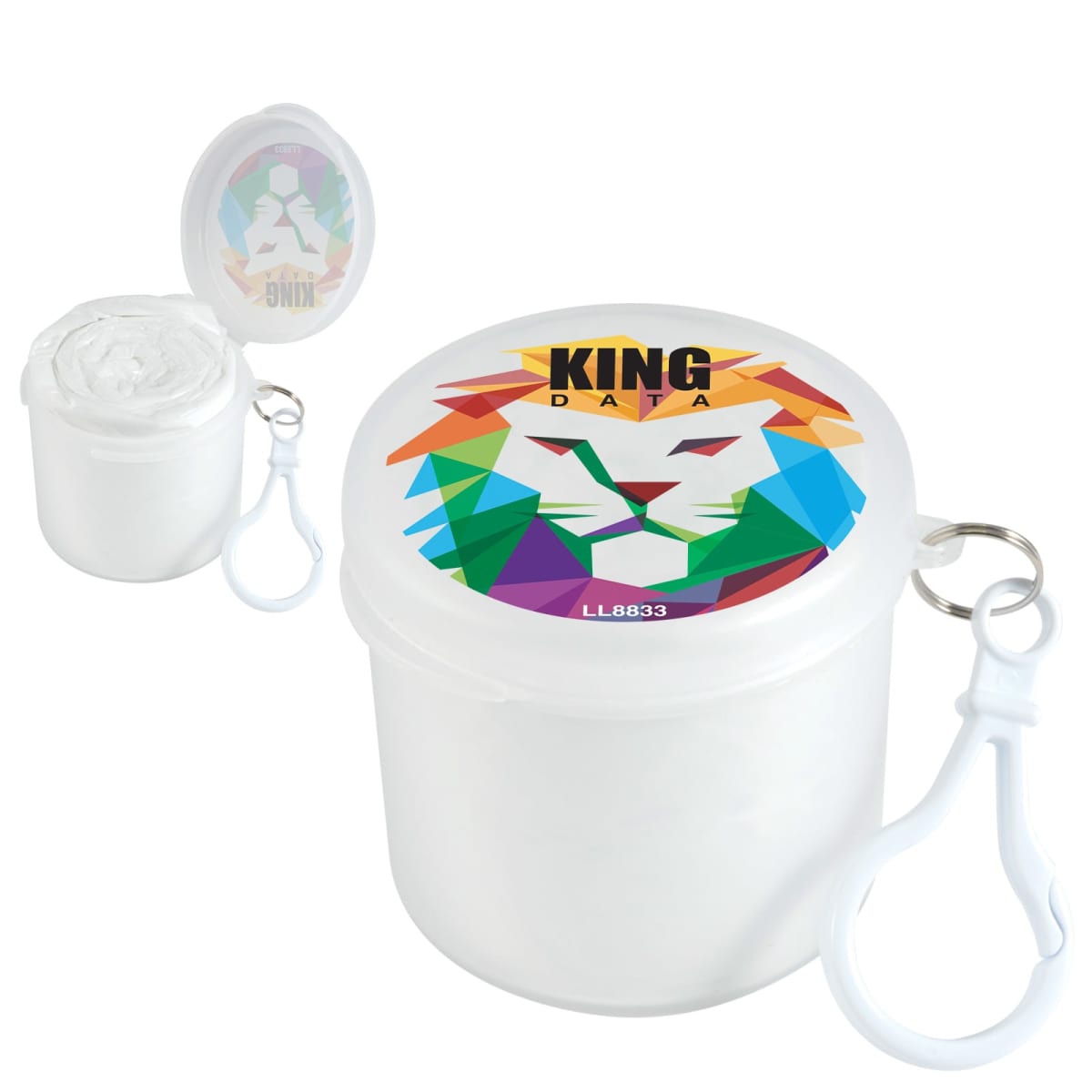 Clear plastic container with a colorful geometric lion design and the text King Data on the lid. It comes with a clip for attachment and contains a folded item inside. Another smaller container is shown in the background.